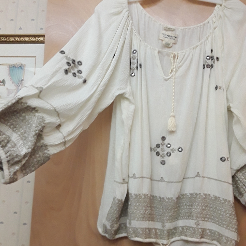 White Peasant Mirror Boho Top Ralph Lauren M